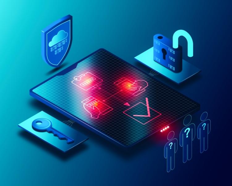Animated tablet surrounded by security lock, user group, lock, and shield icons, representing all-around IT infrastructure security.
